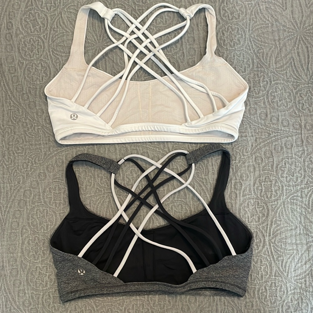 TWO- Free to be wild bras, lululemon, one white, one grey, size 8